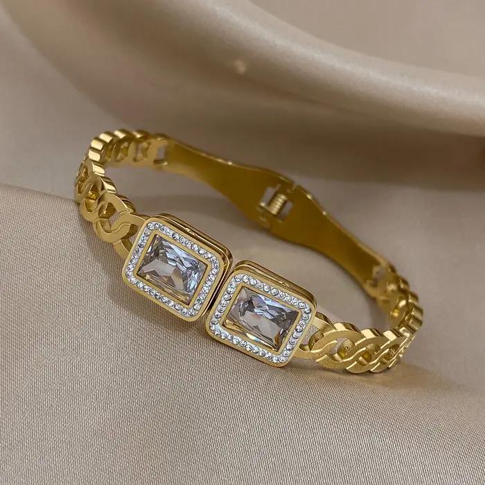 DODOHAO grand carré cristal à la mode élégant Zircon Bracelet en acier inoxydable couleur or argent