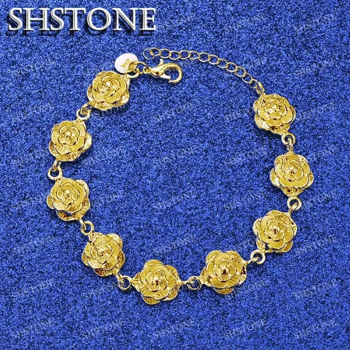 SHSTONE 18K or fleur de Lotus lien Bracelets pour femme fête mariage fiançailles noël anniversaire mode bijoux dame cadeau
