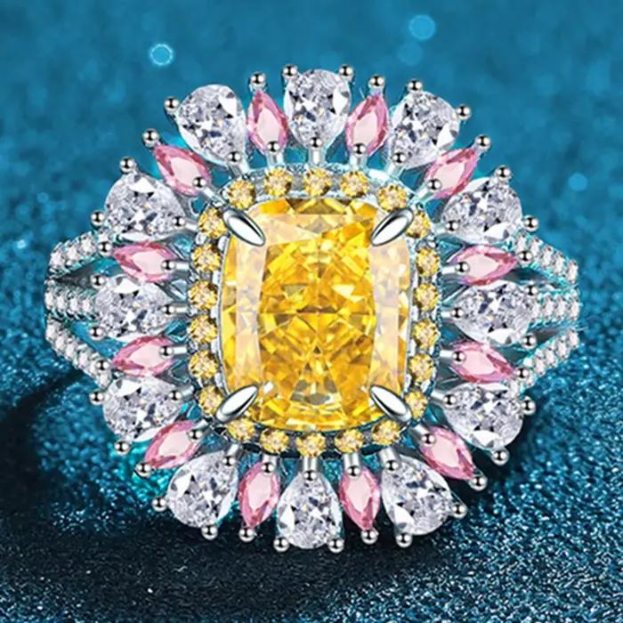 Bague en argent sterling 925 sertie de citrine et diamants à haute teneur en carbone pour femmes, alliance de mariage, bijou fin et élégant pour occasions spéciales