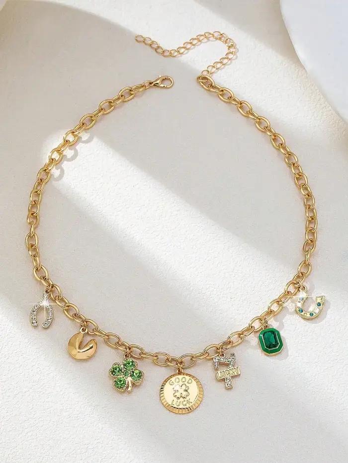 Collier de Trèfle à Quatre Feuilles en Alliage de Zinc avec Strass pour Hommes et Femmes Occasions Spéciales Polyvalent Chic Décontracté