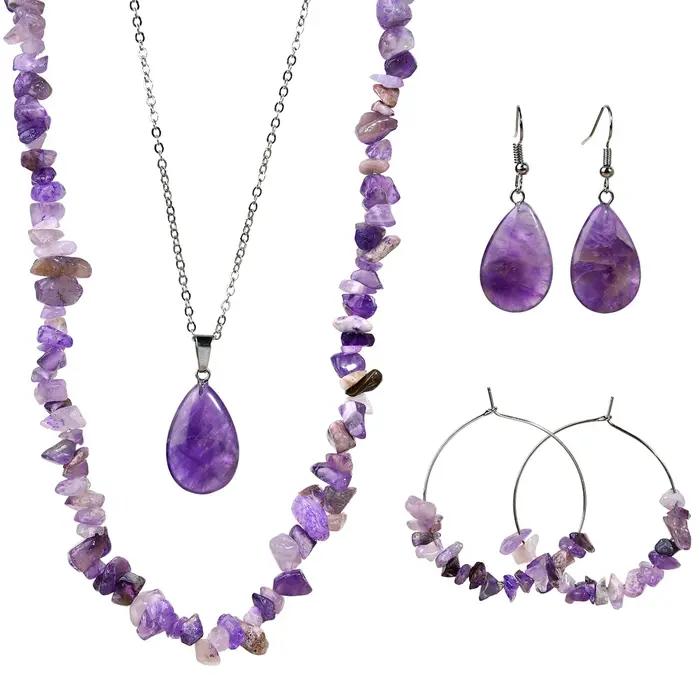Ensemble de boucles d'oreilles et collier en améthyste en pierre naturelle, 6 pièces, bijoux bohème