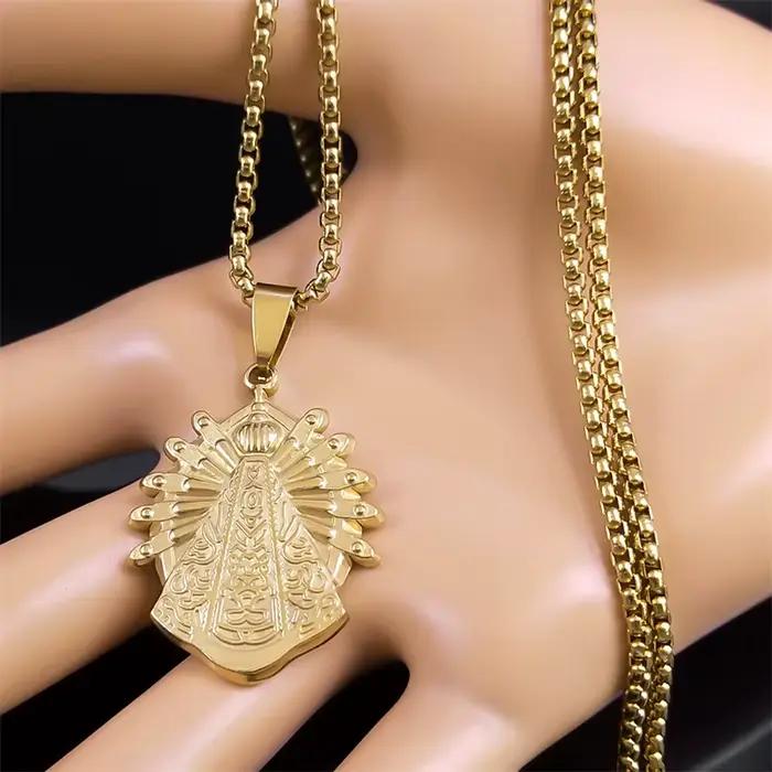 Collier de Notre-Dame d'Aparecida en acier inoxydable avec document en or pour femmes et hommes occasions spéciales mariage anniversaire cadeau de fête