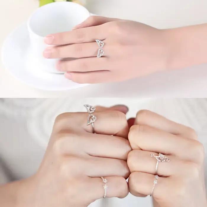 Bague Ailes d'Ange Style Coréen Femme Anneau Réglable Strass Argent Occasions Spéciales