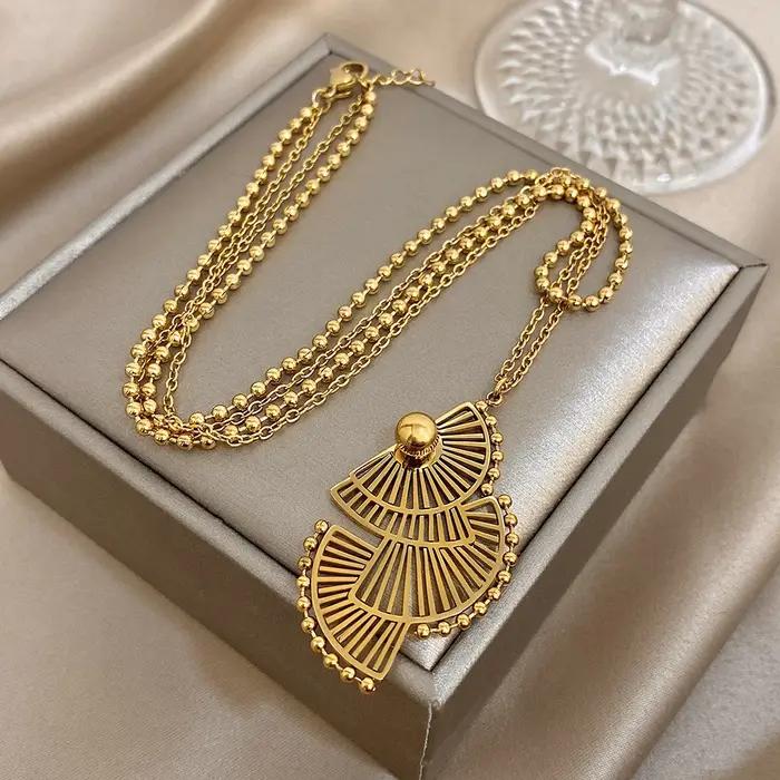 Pendentif Greatera en forme d'éventail triple couche collier de perles double chaîne acier inoxydable pour femmes élégantes occasions spéciales