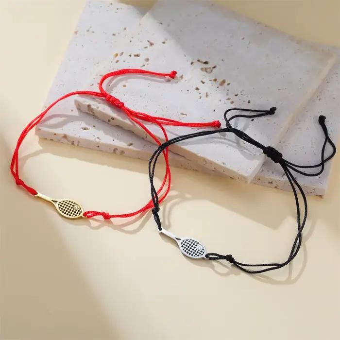 Bracelet de charme raquette de tennis pour femmes et hommes, minimaliste, en acier inoxydable, pour les amateurs de tennis, chaîne à maillons double couche, cordon noir et rouge, bijou de poignet