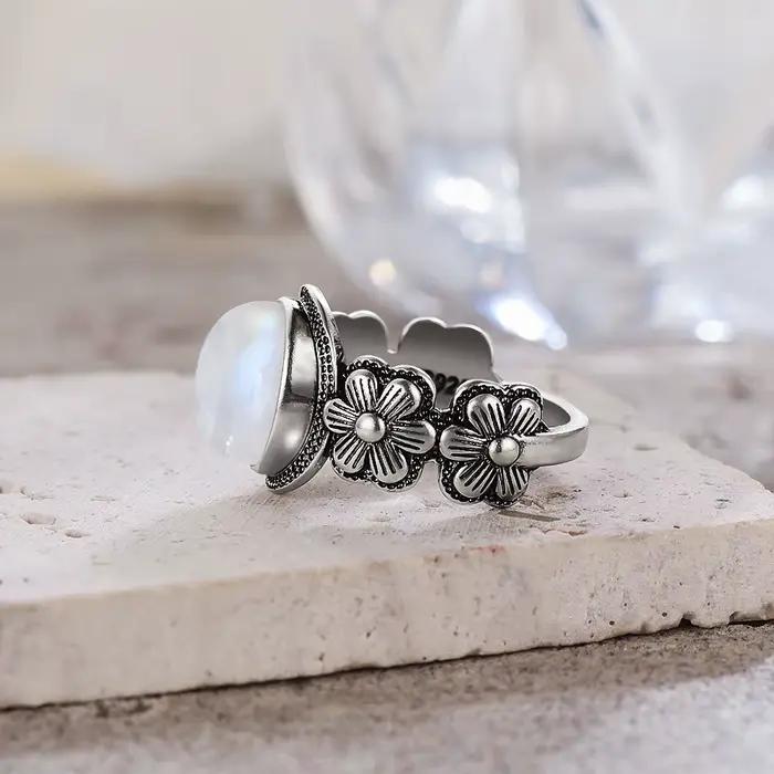 Bague Vintage en argent Sterling S925 avec fleur de Rose, ovale, pierre de lune naturelle, douce, bijoux fins pour femmes, 8x10mm