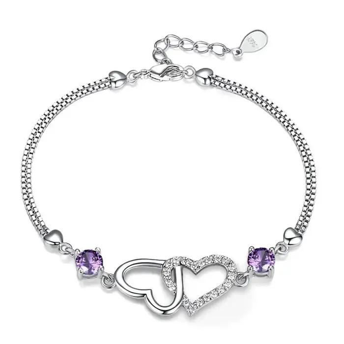 Bracelet en argent Sterling S925 incrusté d'améthyste orné de Zircon en forme de cœur pour femmes
