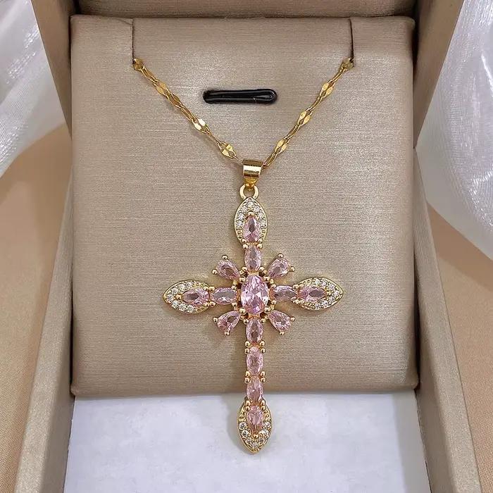 Collier croix religieux en zircon coloré plaqué or et acier inoxydable pour femmes mode chic vintage et classique