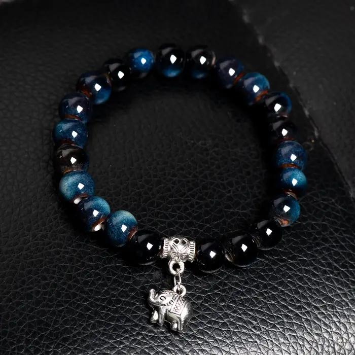 Bracelet Éléphant en Céramique Fait Main Style Boho Pierres Précieuses Perles Bleues Unisexes Occasions Spéciales