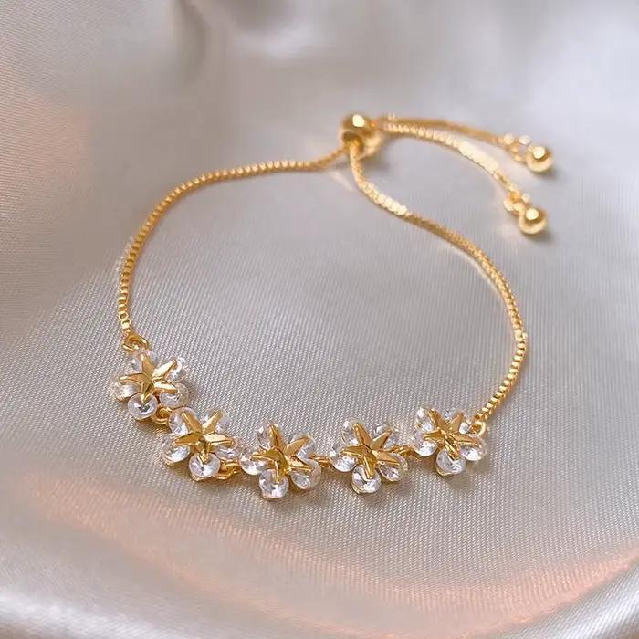 Bracelet Exquis en Strass pour Femme, Breloque Étoile et Fleur, Bracelet de Poignet Doré Réglable, B