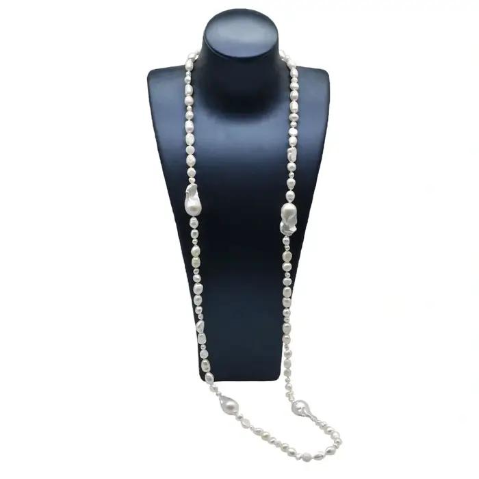 Collier long en perles baroques blanches naturelles pour femmes