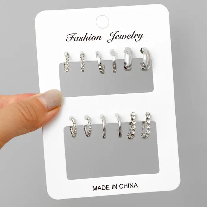 Boucles d'oreilles créoles en acier inoxydable pour femmes, cristal contre-indiqué, cercle en métal, piercing au cartilage géométrique, ensemble de bijoux, 6 pièces par ensemble