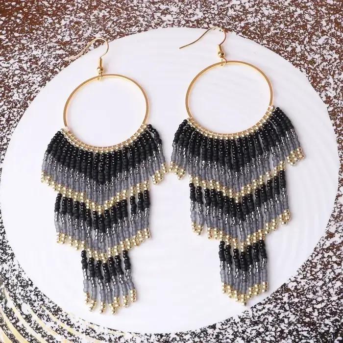 Boucles d'oreilles perlées cercle multicouche flèche tricot à la main originalité dégradé bohême alliage gland marée