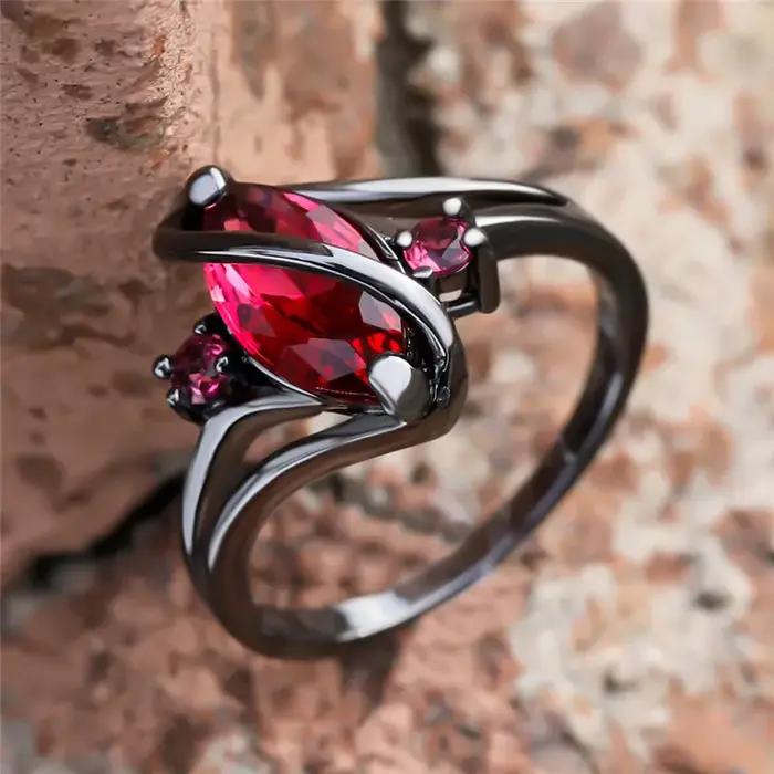 Bague en cristal feuille rouge pour femme, breloque, Vintage, couleur or noir, bijoux de fiançailles