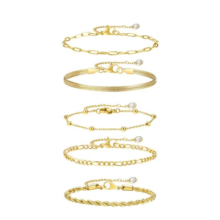 JOLink-Ensemble de bracelets plaqués or pour femme, 5 pièces, en acier inoxydable, empilables, superposables, réglables