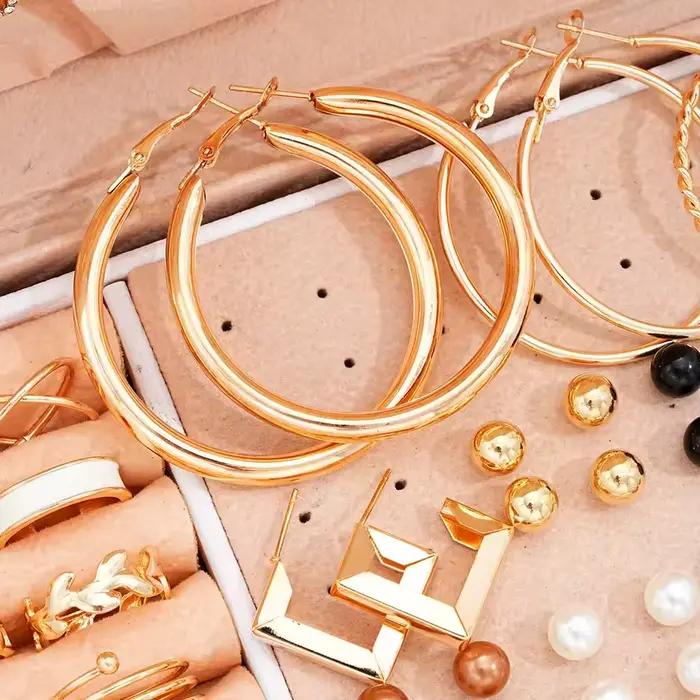 Ensemble de bijoux couleur or pour femmes, bohèmes, collier/boucles d'oreilles/bague/bracelet, empilable, pour les fêtes et le quotidien