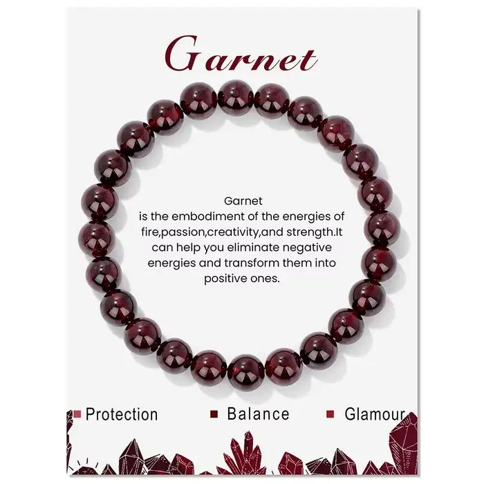 Bracelets de perles de grenat rouge naturel pour femmes et hommes, puce irrégulière, gravier, pierres de quartz rondes, avec carte, bijoux
