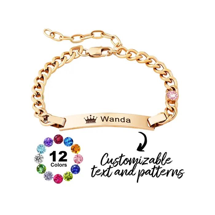 Bracelet personnalisé avec nom et pierre de naissance pour enfant cadeau d'anniversaire ou de baptême en titane or rose argent adjustable cubain