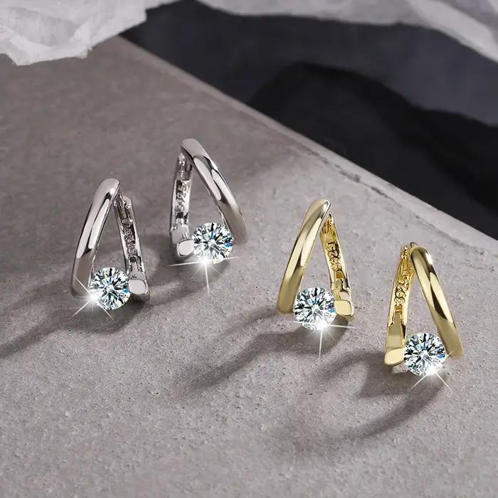 Boucles d'oreilles simples en argent Sterling 925 et cristaux dorés pour femmes