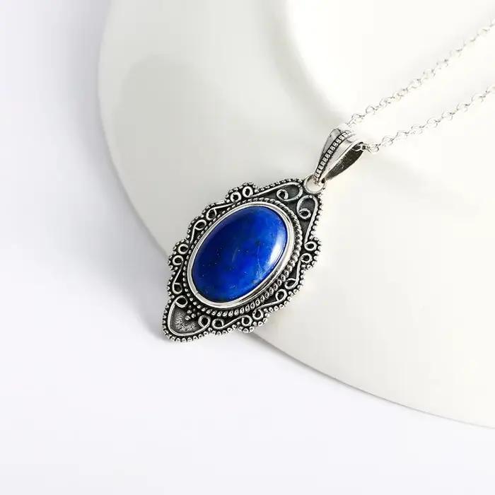 Collier en argent sterling 925 pendentifs ovales vintage lapis lazuli bijoux pour femmes cadeaux d'anniversaire de fête bijoux fins occasions spéciales