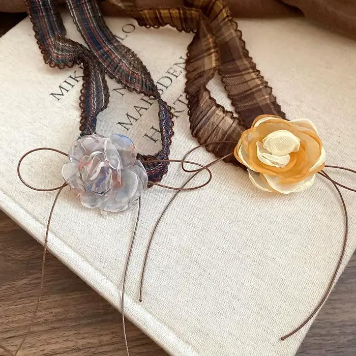 Colliers ras du cou en fil imprimé écossais plissé pour femmes, ruban Vintage français, écharpe à fleurs, chaîne de cou, bijoux de fête d'anniversaire