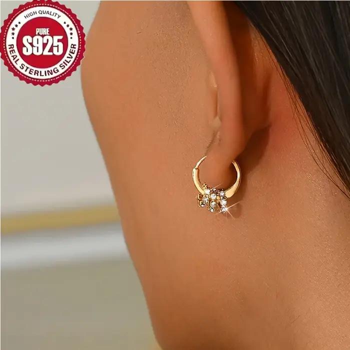 Boucles d'oreilles créoles en argent Sterling 925 plaqué or avec zirconium blanc et noir pour femmes style moderne et élégant occasions spéciales
