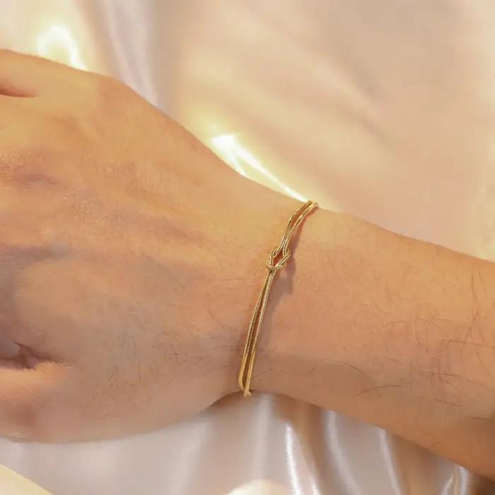 Bracelet Double Chaîne Serpent Nœud d'Amour Acier inoxydable Couleur Or Bracelets Ajustables Femmes Hommes Couple Bijoux Minimalistes
