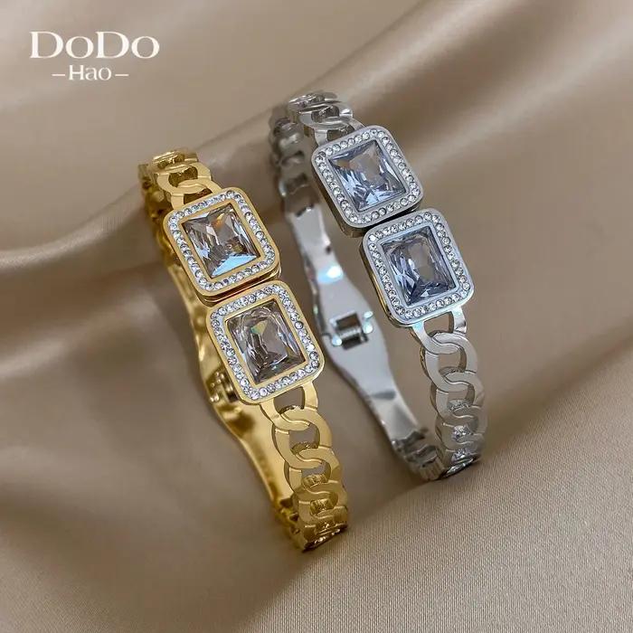 DODOHAO grand carré cristal à la mode élégant Zircon Bracelet en acier inoxydable couleur or argent luxe haut de gamme