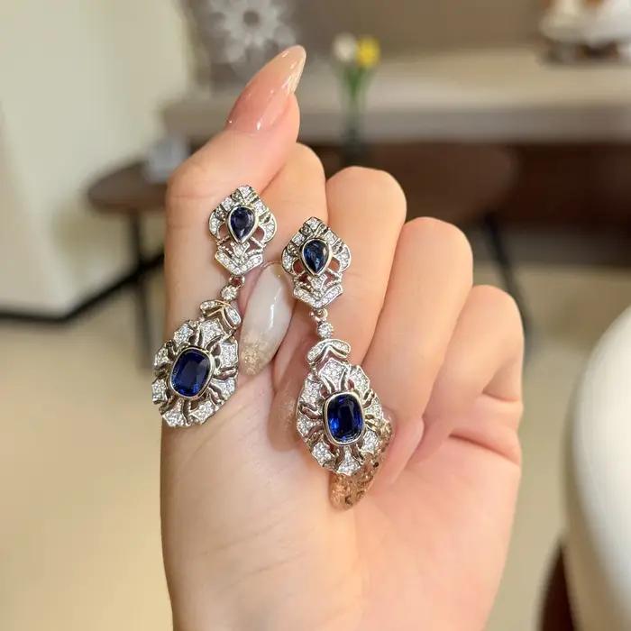Boucles d'oreilles vintage à pampilles avec pierres précieuses bleues pour femmes