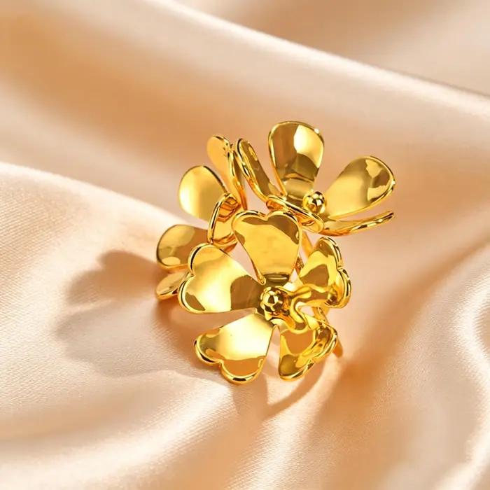 Bagues Uniques aux Grandes Fleurs Exagérées, Bijoux en Acier Inoxydable Doré, Cadeau Idéal pour Femme, Occasions Spéciales