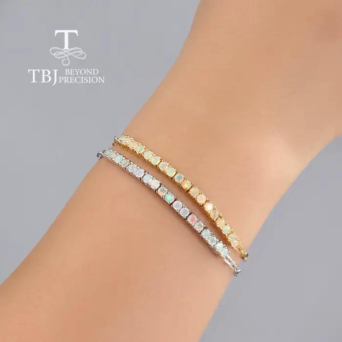 Bracelet simple en argent Sterling 925 pour femmes, opale naturelle ronde, 3.00mm, pierres de naissance d'octobre, bijoux de luxe légers pour cadeau de Festival