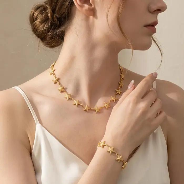 Ensemble collier et bracelet étoile de mer doré style bohème pour femme, thème plage et océan, bijou