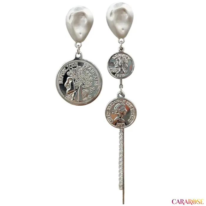 CARAROSE Boucles d'oreilles pendantes asymétriques en argent sterling S925 avec pièce de monnaie dorée et longues