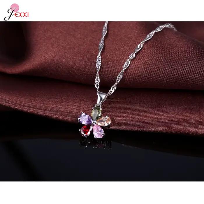 Ensemble de bijoux en argent sterling 925 motif floral coloré pendentif fleur multi-pierres collier boucles d'oreilles huggie bague ouverte ajustable