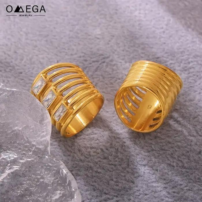 Bague superposée en acier inoxydable 316L pour femmes, plaqué or 18 carats incrusté de Zircon brillant, anneaux larges pour femmes, Style Hiphop Rock