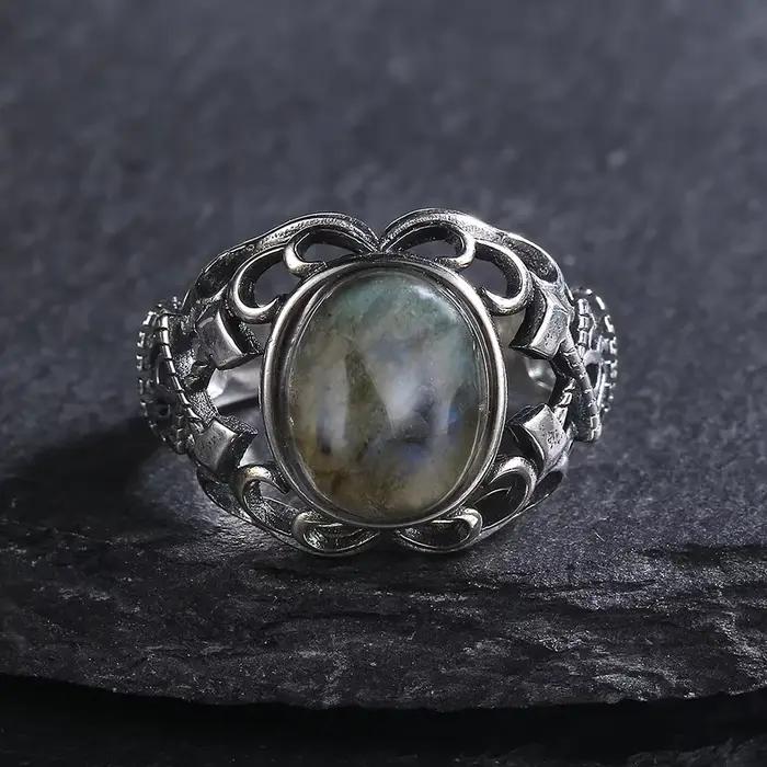 Bague vintage en lapis-lazuli plaquée argent 925 avec pierre semi-précieuse pour homme et femme, style bohème gothique, alliance de mariage, bijou de cocktail pour cérémonies et occasions spéciales