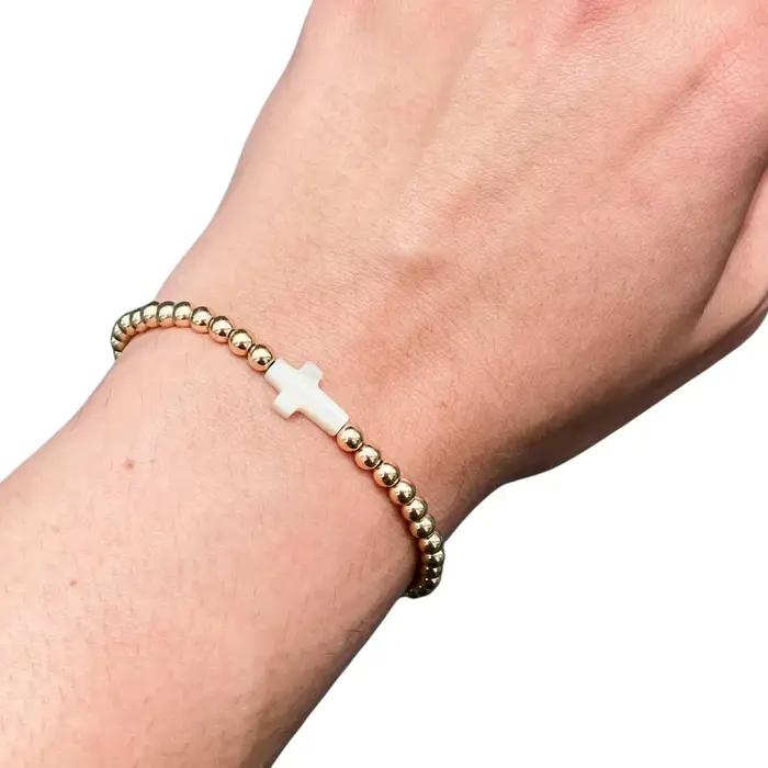 Vlen-Bracelet à breloques croix en coquillage pour femme, bijoux extensibles, plaqué or 18 carats, b