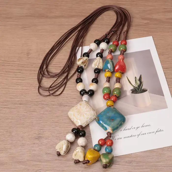 Collier en céramique artistique rétro polyvalent pour femmes, longue chaîne de pull géométrique bohème, accessoire Simple et élégant, parfait