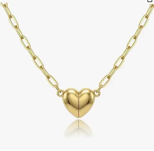 Colliers magnétiques en forme de cœur pour femmes, plaqués or 18 carats, en acier inoxydable, avec chaîne trombone, pendentif, bijoux, cadeau