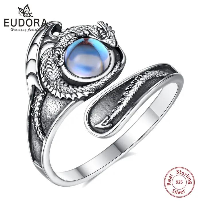 Bague ajustable en argent sterling 925 Eudora avec dragon et pierre de lune