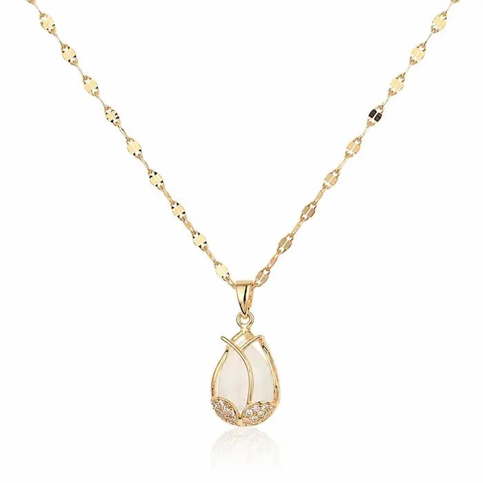 Collier pendentif tulipe plaqué or avec opale et zircon cubique délicat, bijou floral pour femme, id