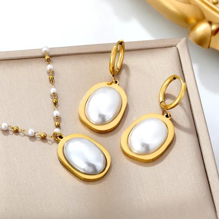 ASONSTEEL luxe Imitation perle pendentif collier boucles d'oreilles ensembles de bijoux en acier inoxydable pour les