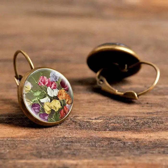Boucles d'oreilles Vintage en grappe de fleurs, rondes rétro, Bronze Antique, dôme en verre, bijoux pour femmes