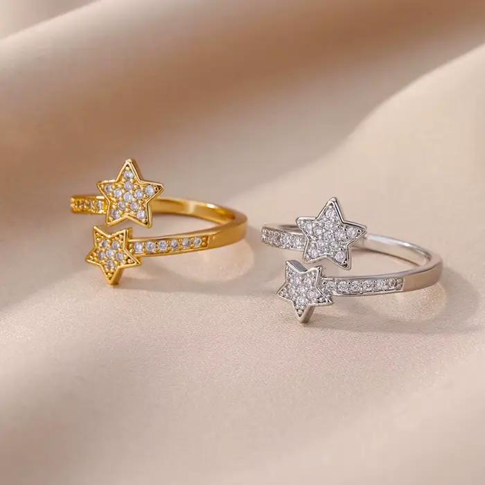 Bagues Double étoile en Zircon pour femmes et filles, en acier inoxydable, couleur or y2k, nouvelle tendance, bijoux esthétiques pour fête de mariage, 2024