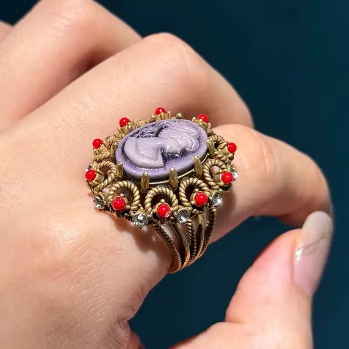 Bagues vintage en agate rouge et plaqué or 18 carats pour femmes, bijoux de cocktail rétro et strass pour soirée festive et mariage