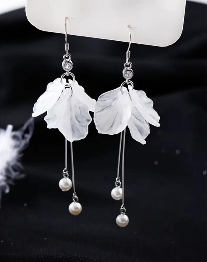 Boucles d'oreilles en perles de fleurs éternelles pour femmes, longues tempérament, plaqué argent, pompon, accessoires de mariée de mariage