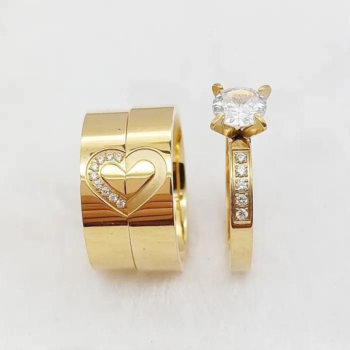 Love Alliance 3 pièces promesse de mariage bagues de fiançailles ensembles pour hommes et femmes 24k plaqué or Couple anneaux avec coeur symbole conception