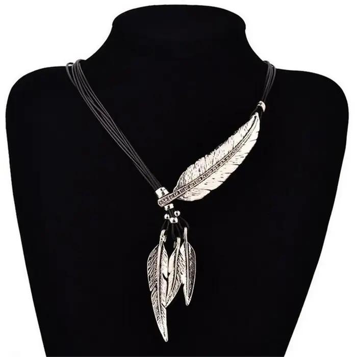 Collier Femme plume colliers et pendentifs corde en cuir Vintage Maxi Colar pour déclaration