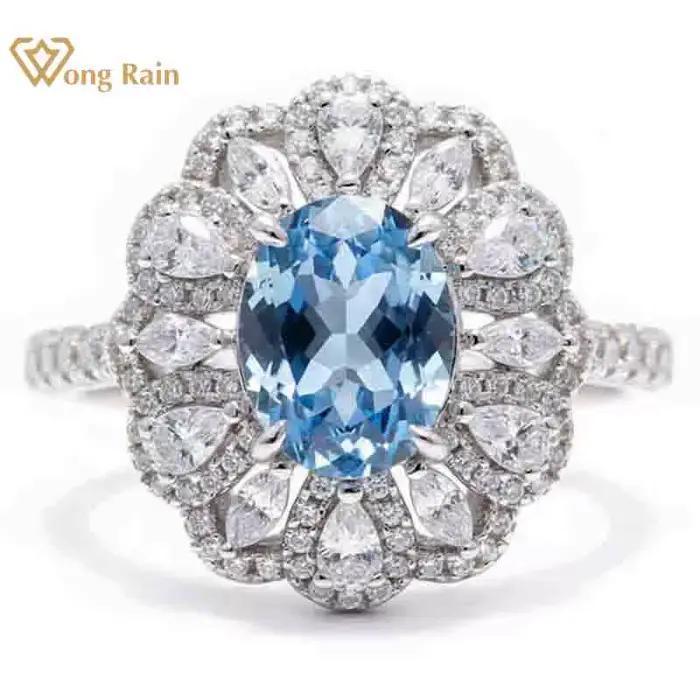 Wong Rain – bague en argent sterling 925, diamants ovales taillés en aquamarine, 7x9 MM, pierres pré