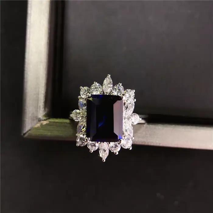 Bague de fiançailles en or blanc massif 18K saphir bleu 3 carats pour femmes alliance de mariage brillante cadeau d'engagement pour occasions spéciales